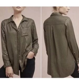 Maeve Brown Sequin button down blouse with front pocket. Size medium.